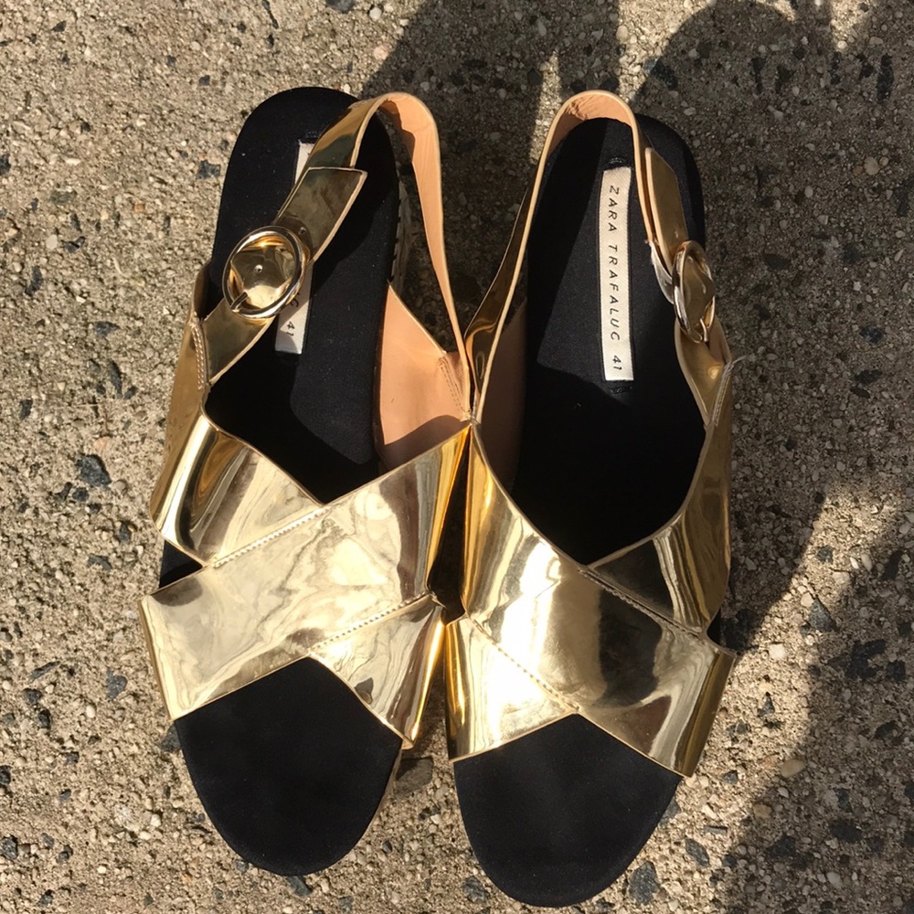 Zara Trafaluc Metallic Platform Espadrille Sandals
